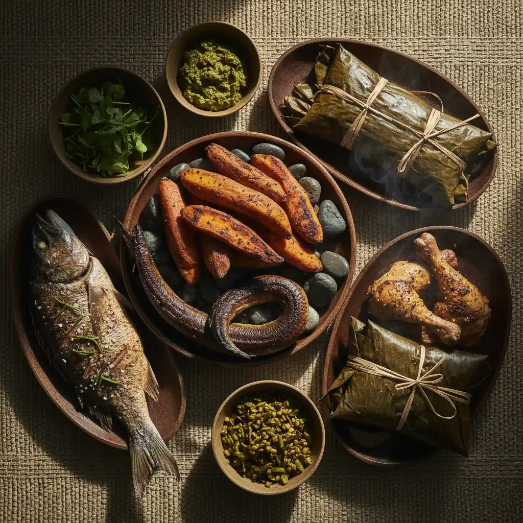 Foods of the Hautapu: Kumara, Eel, Fish, and Chicken