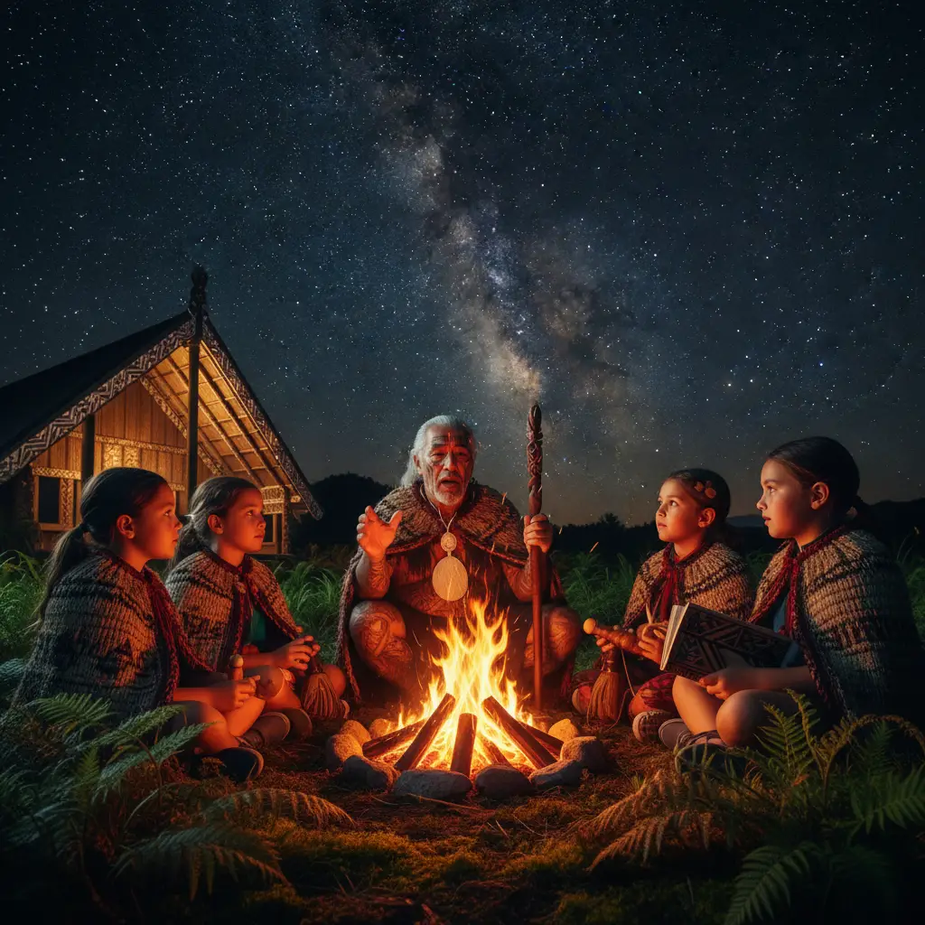 Māori elder sharing Matariki legends stories with the younger generation
