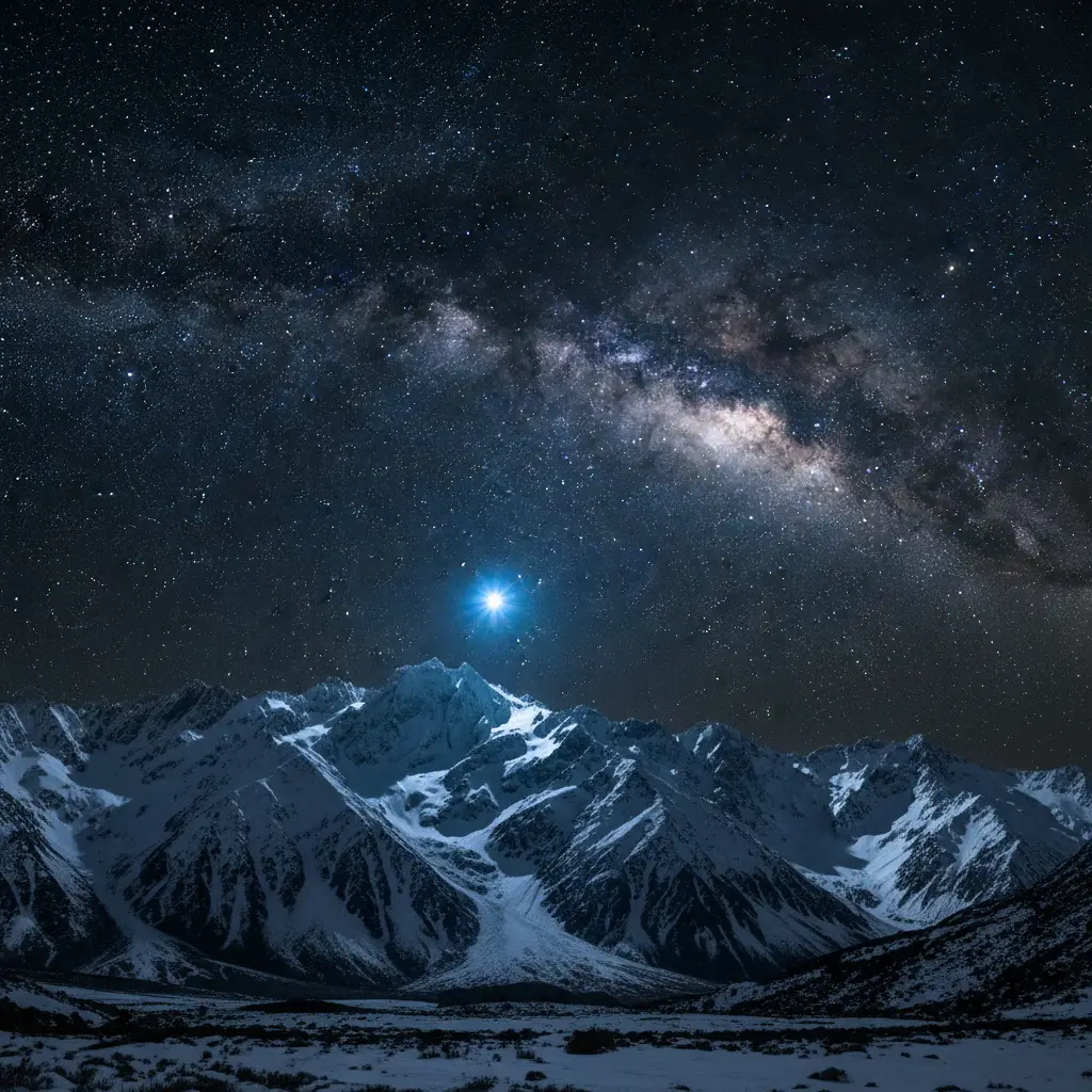 The star Puaka (Rigel) rising over the Southern Alps of New Zealand