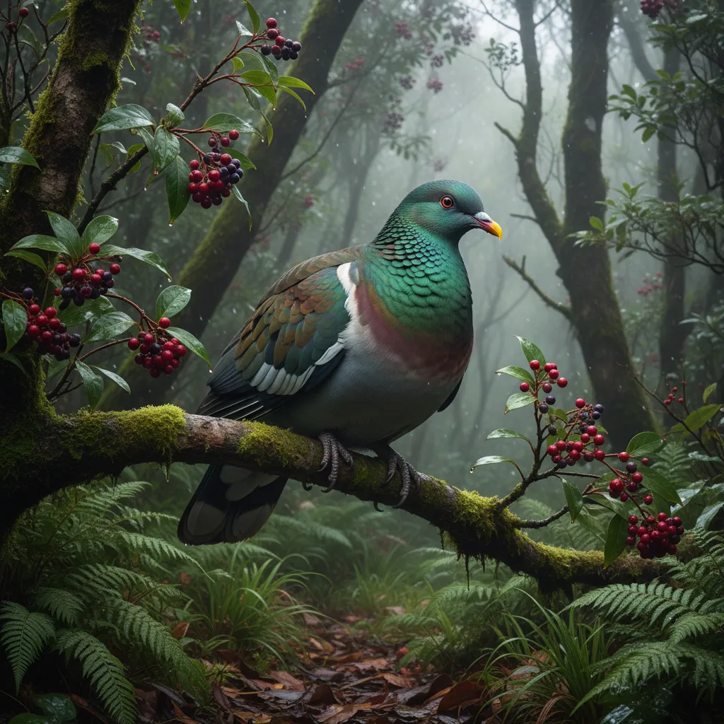 Kererū in a native New Zealand forest during winter