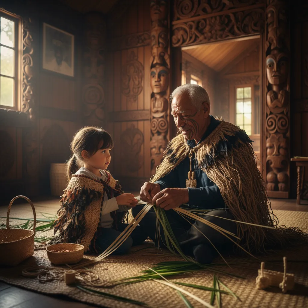 Elder teaching weaving skills inside a traditional Marae