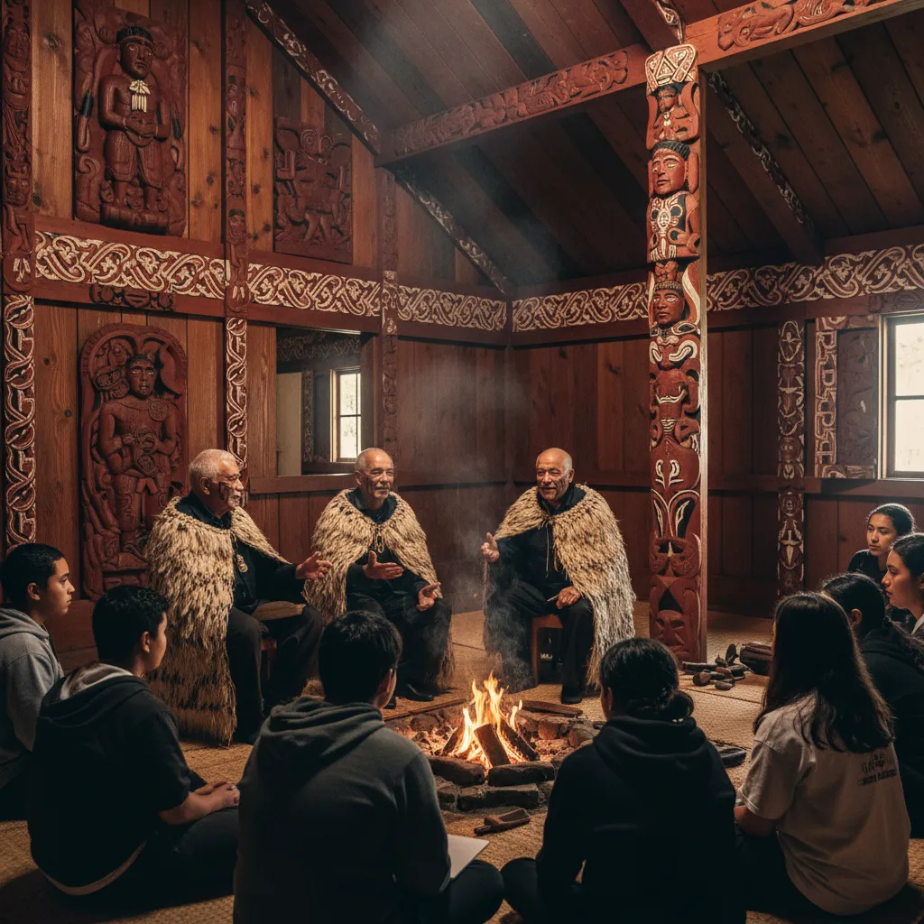 Elders teaching youth inside a Wharenui during Puanga