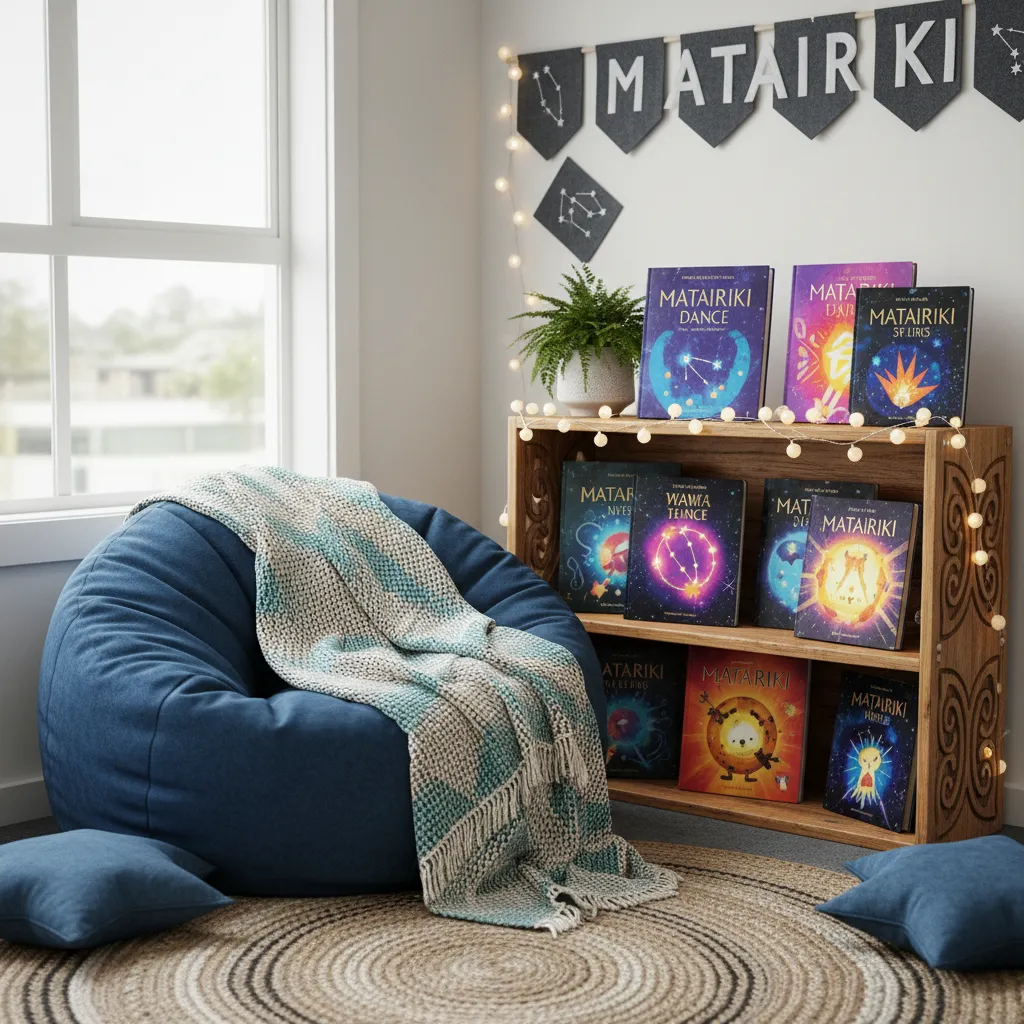 Display of Matariki children's books in a cozy reading nook