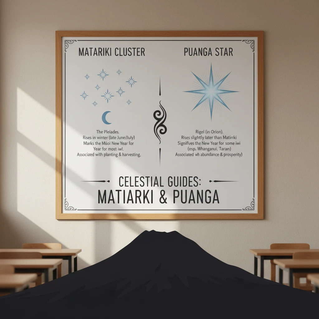 Infographic comparing Matariki and Puanga star positions
