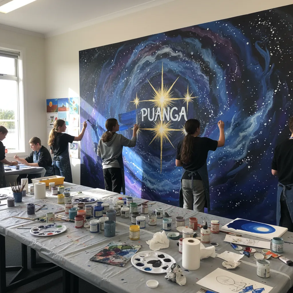 Students creating a collaborative Puanga mural