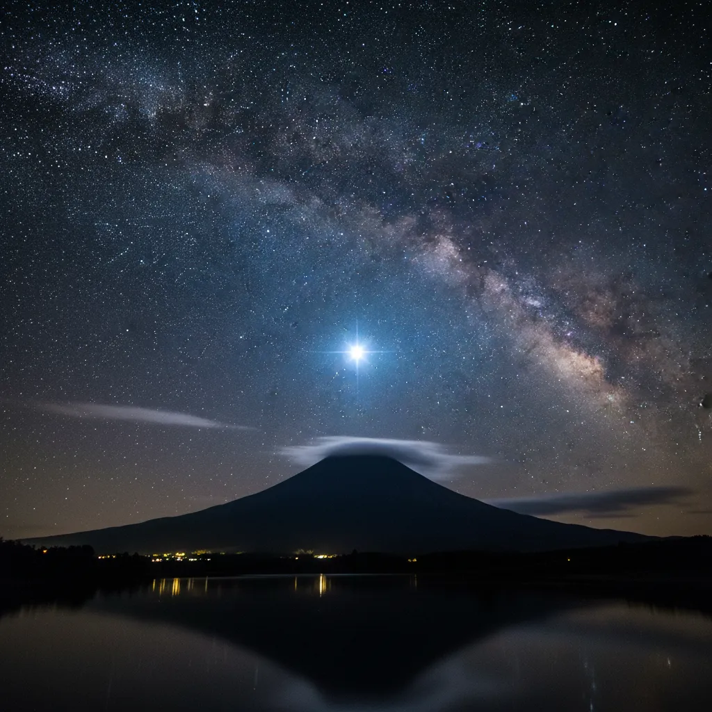 Puanga star Rigel rising over Mount Taranaki signifying the Māori New Year