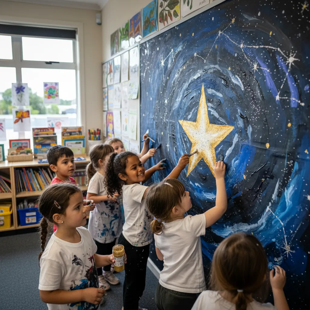 Primary school students creating Puanga art mural