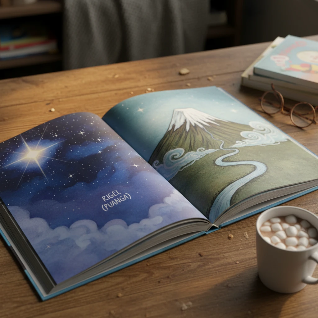 Illustration of Puanga star above Mount Taranaki in a children's book