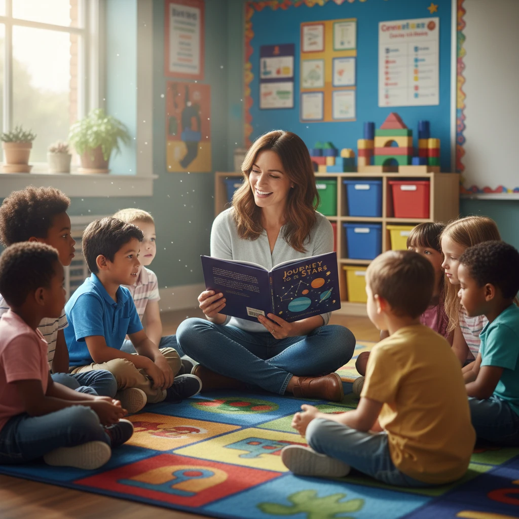 Teacher reading Puanga stories to a classroom of children