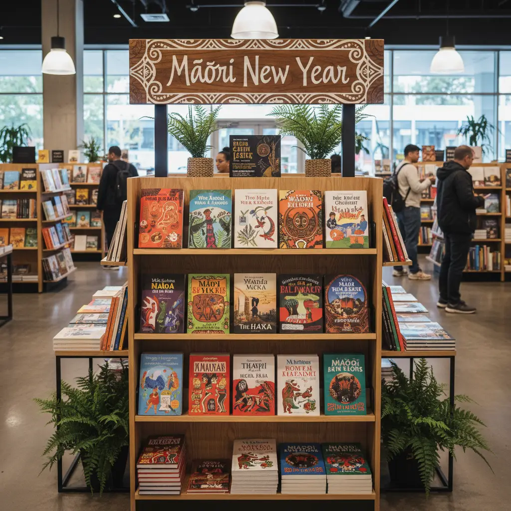 Bookstore display of Māori New Year and Puanga books