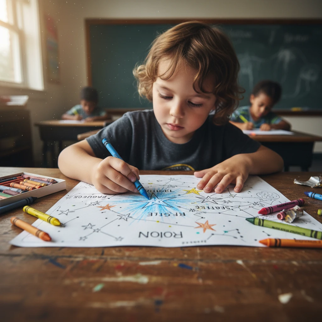 Child coloring a printable Puanga star map