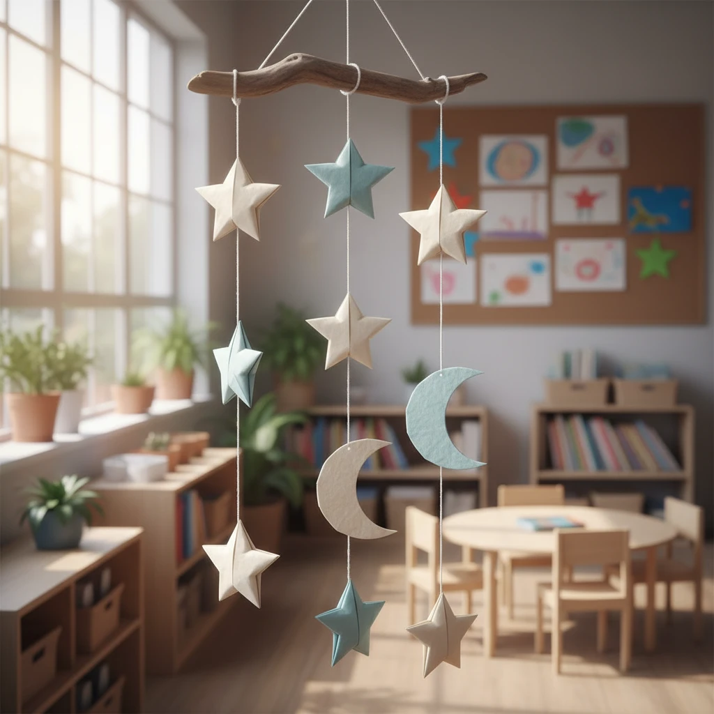 Puanga star mobile craft hanging in a classroom