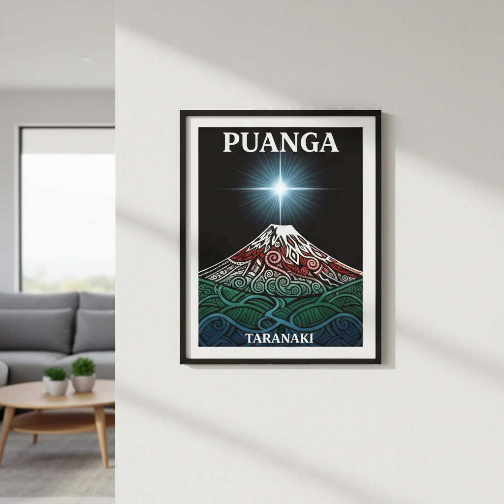 Artistic Puanga star chart poster in a home setting
