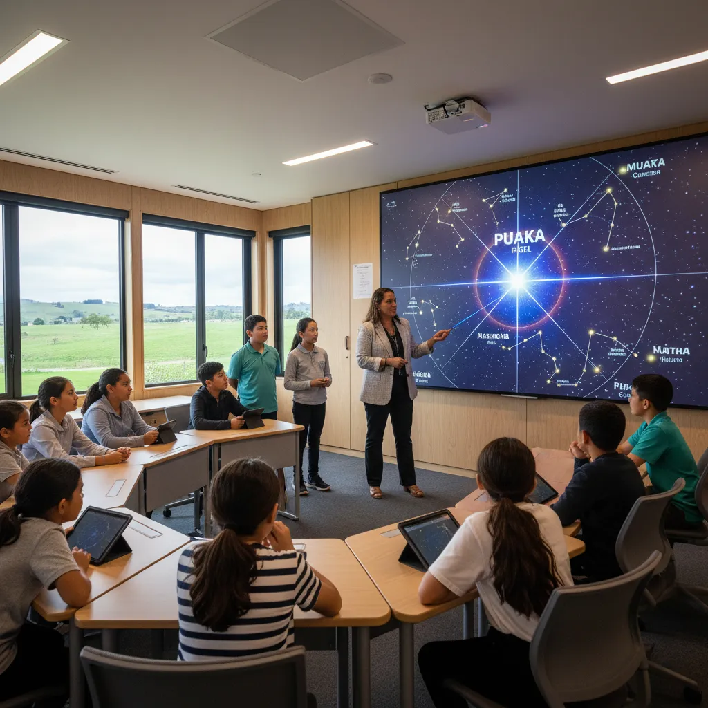 Teacher explaining the star Puaka to students in a classroom