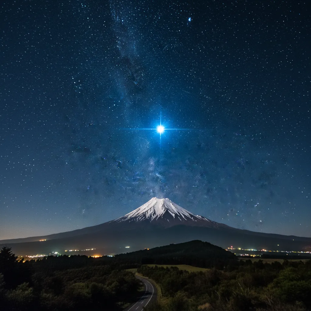 The star Puanga shining above Mount Taranaki marking the Māori New Year