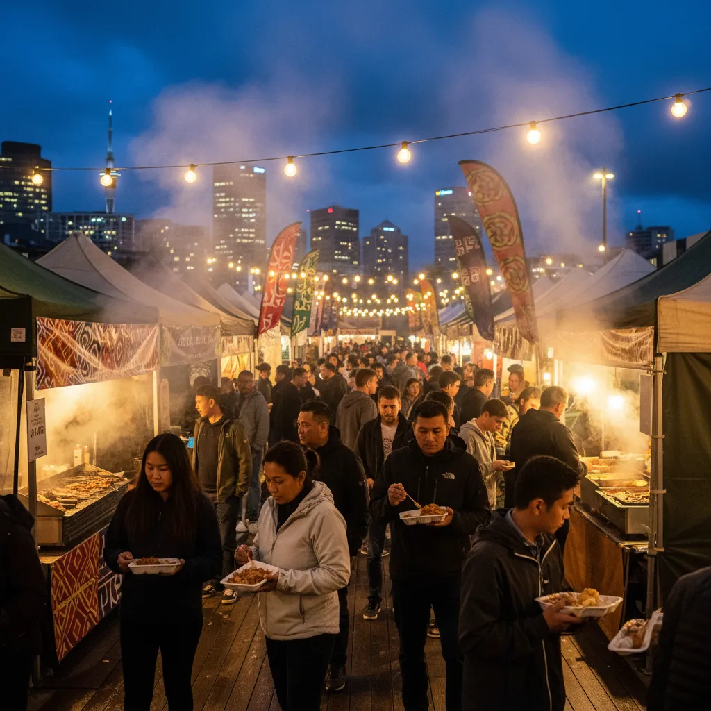 Crowds enjoying hot food at a Puanga winter night market