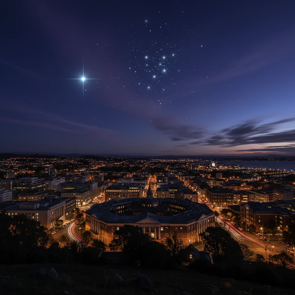 Dunedin skyline under the Puaka and Matariki stars