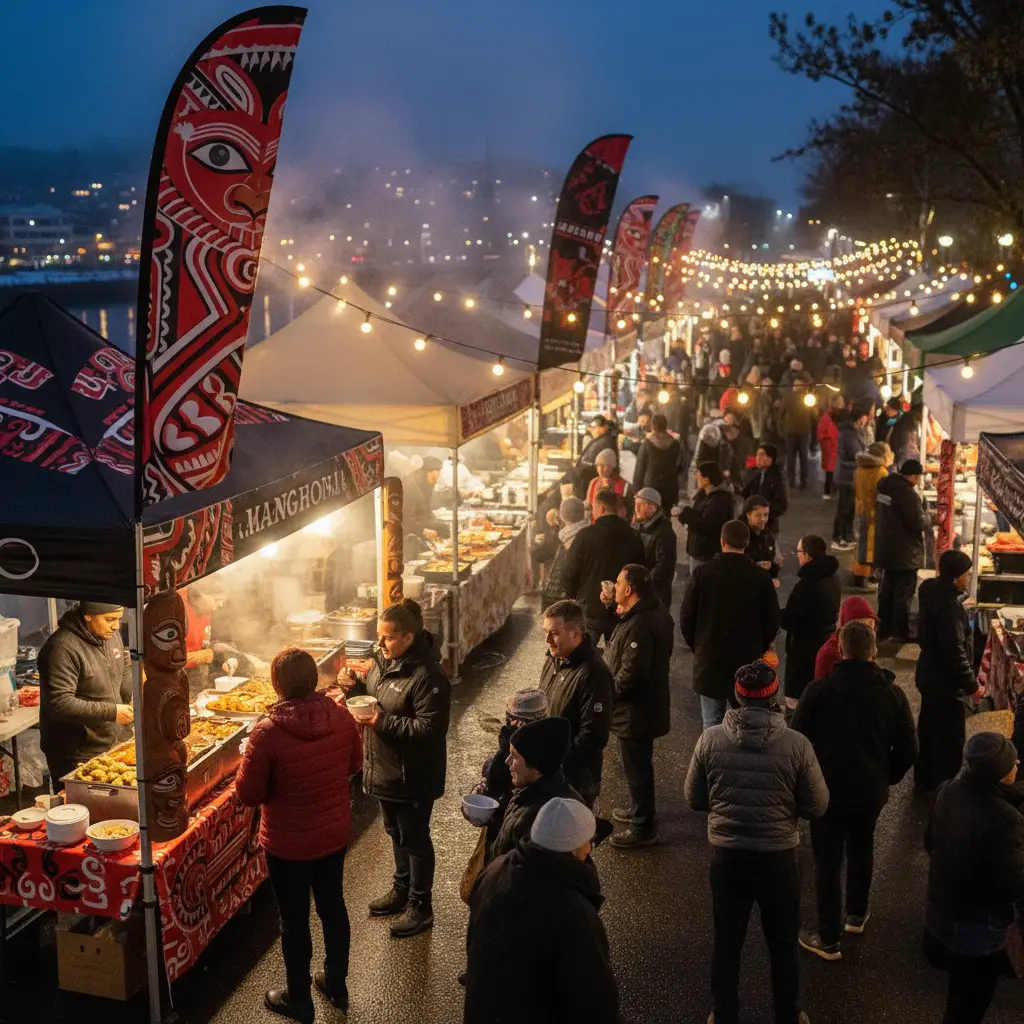 Whanganui Puanga Kai Night Market crowd and food stalls