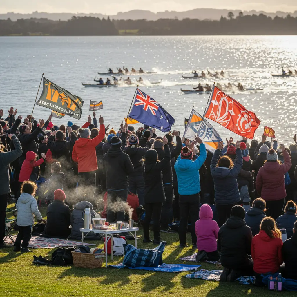 Spectators watching Waka Ama races from the riverbank