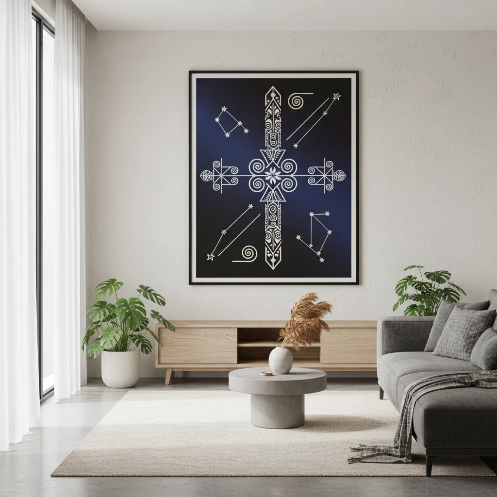 Framed Puanga art print in modern home