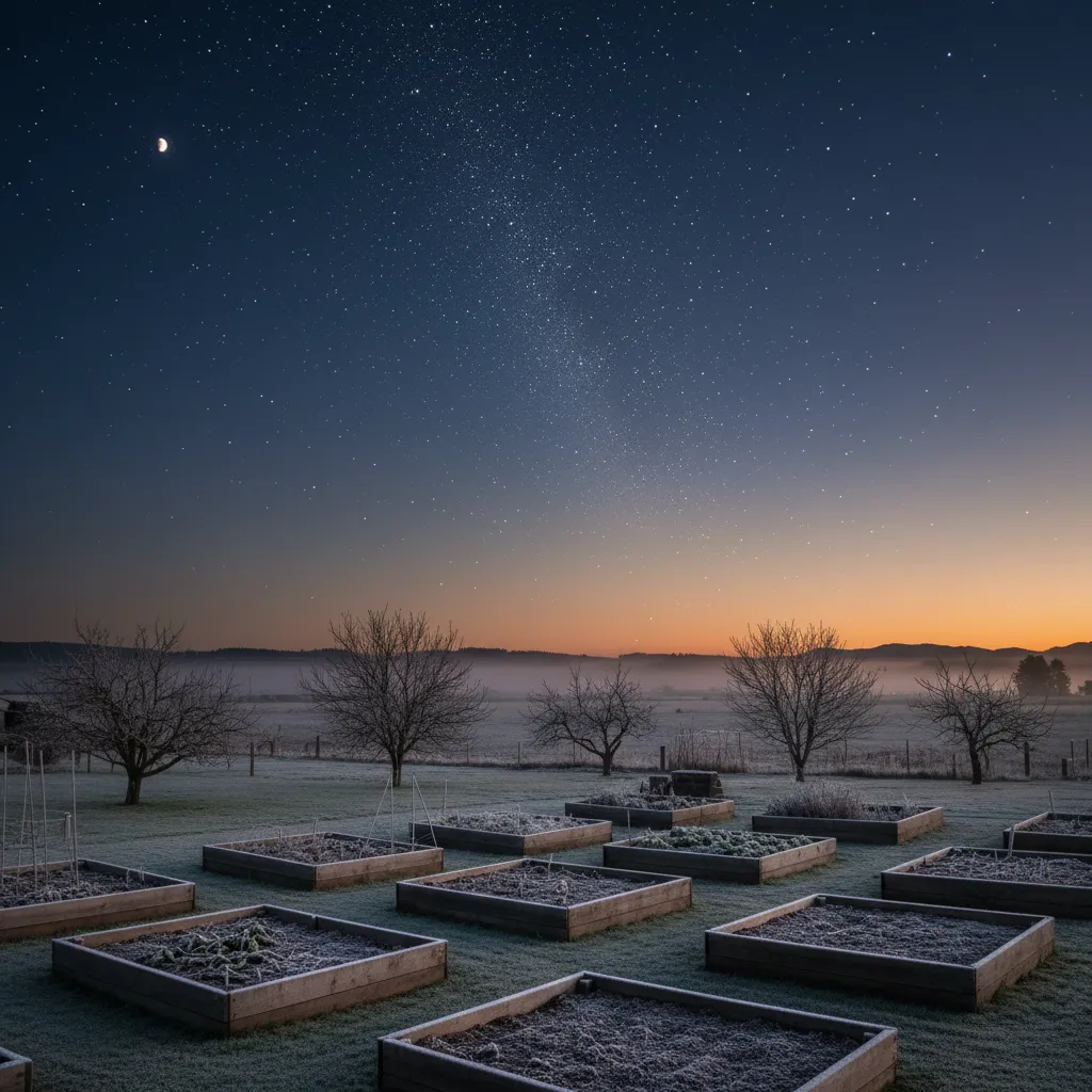 Matariki stars rising over a winter garden in Aotearoa