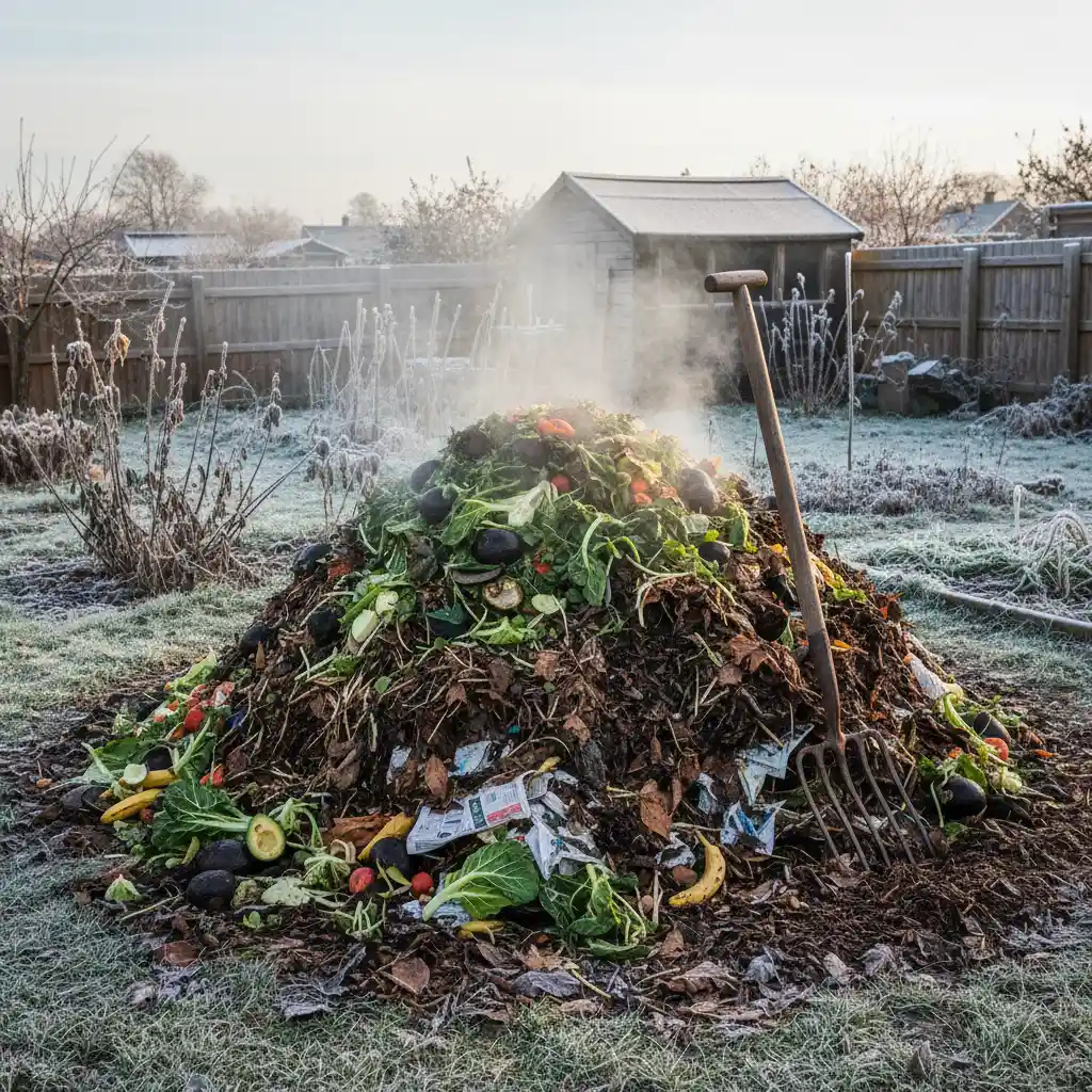 Active compost pile steaming in the winter cold