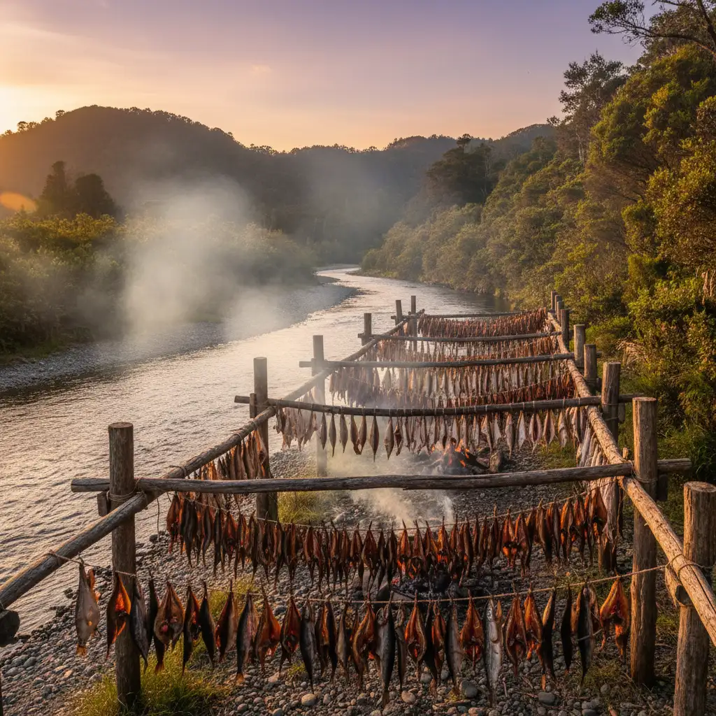 Traditional Māori drying racks (whata) holding split eels and fish for preservation