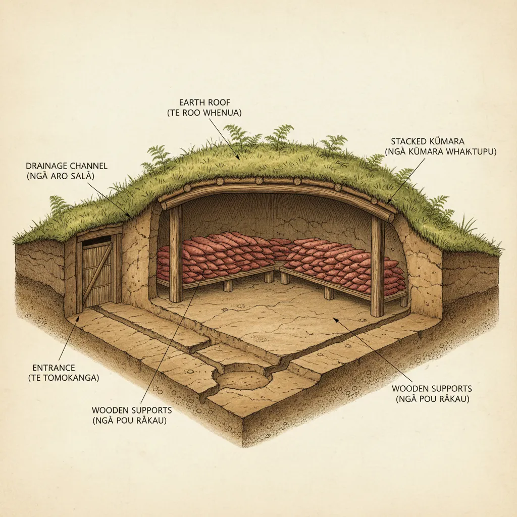 Cross-section of a traditional Māori kūmara storage pit