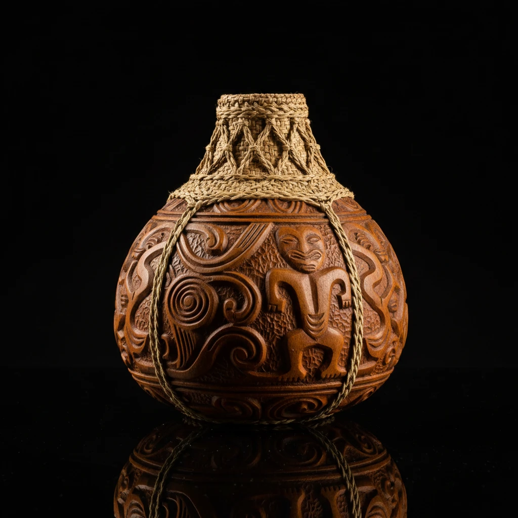Carved calabash gourd (taha huahua) used for preserving birds in fat