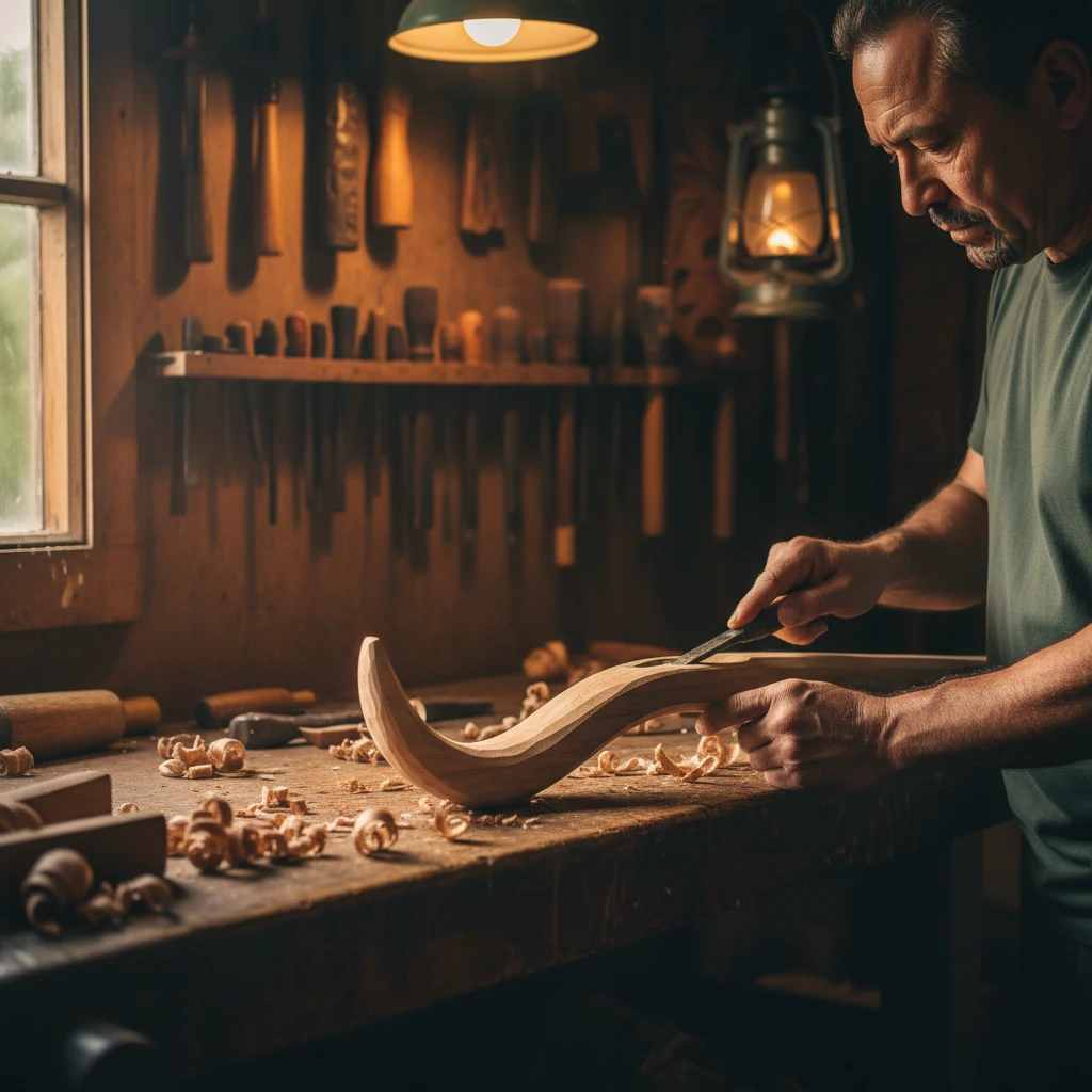 Māori artisan carving a traditional gardening tool