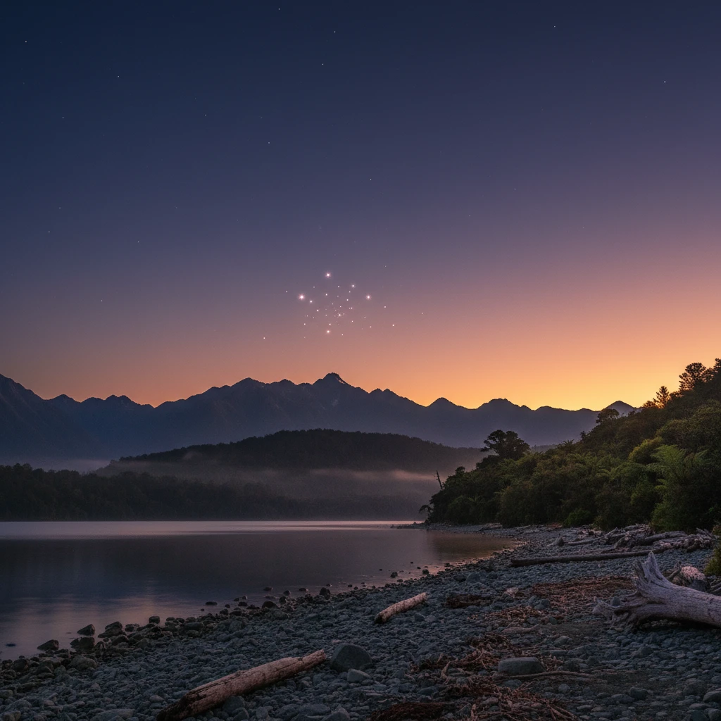Matariki star cluster rising in the pre-dawn sky