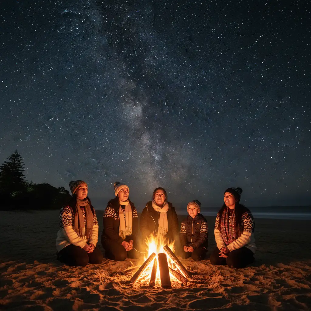 Family celebrating Matariki under the stars
