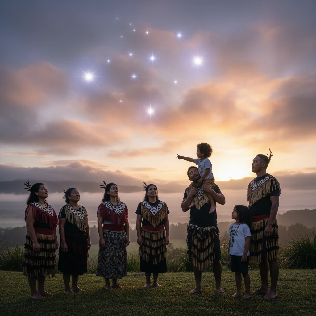 Family viewing the Matariki cluster and making wishes to Hiwa-i-te-rangi