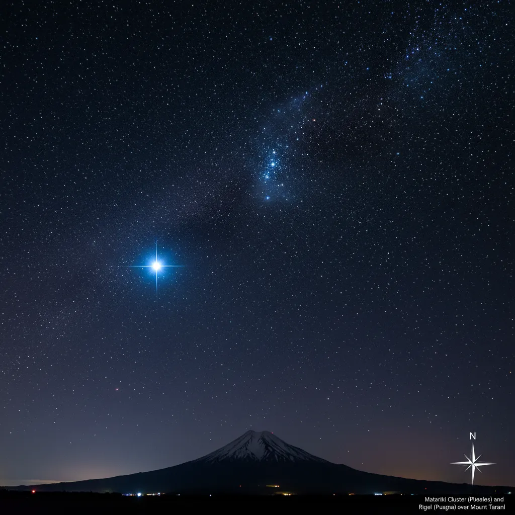Comparison of Matariki and Puanga stars over Mount Taranaki