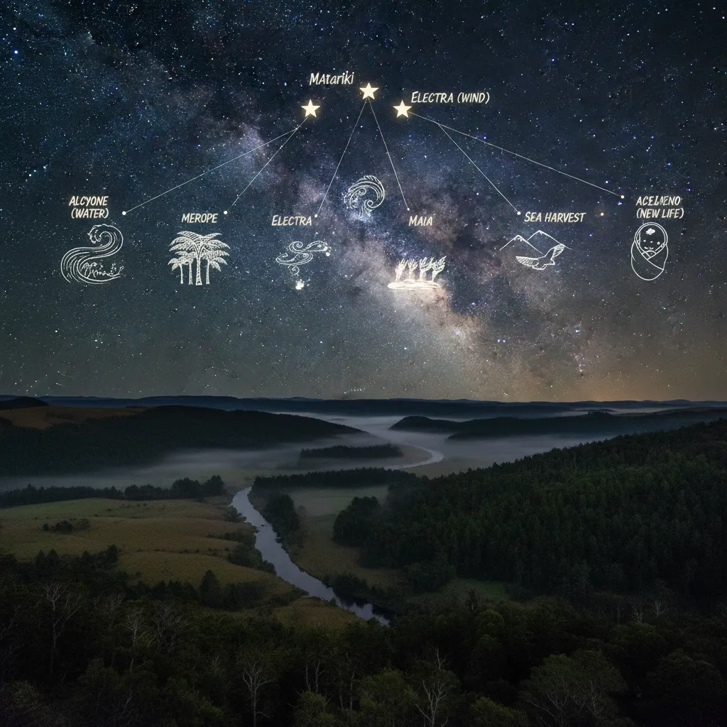 Diagram of the Matariki star cluster in the night sky