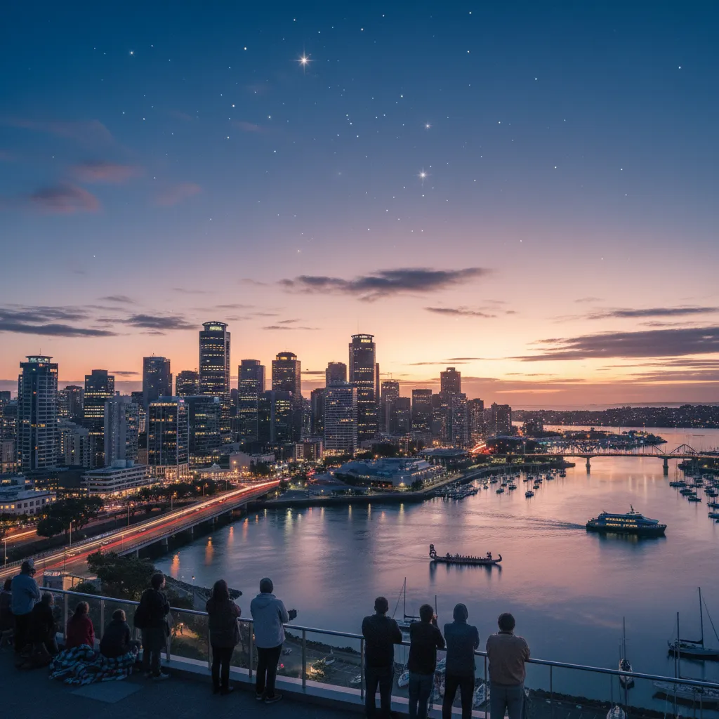 Matariki stars over a modern NZ city