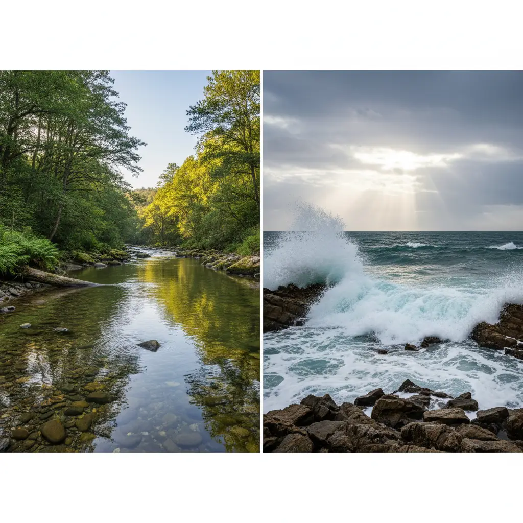 Split view of a freshwater river and the ocean symbolizing Waitī and Waitā