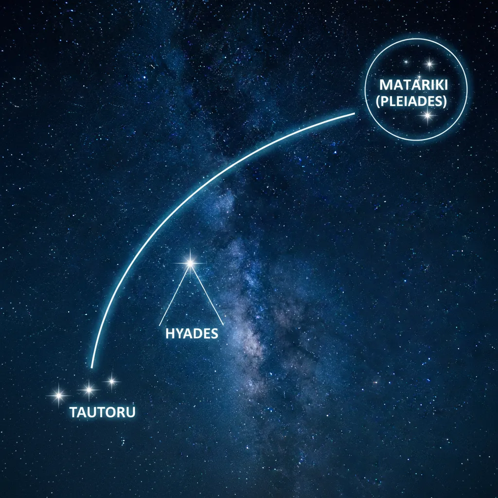 Diagram showing how to find Matariki using Orion's Belt