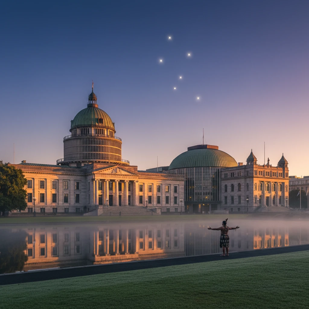 New Zealand Parliament Buildings under Matariki stars