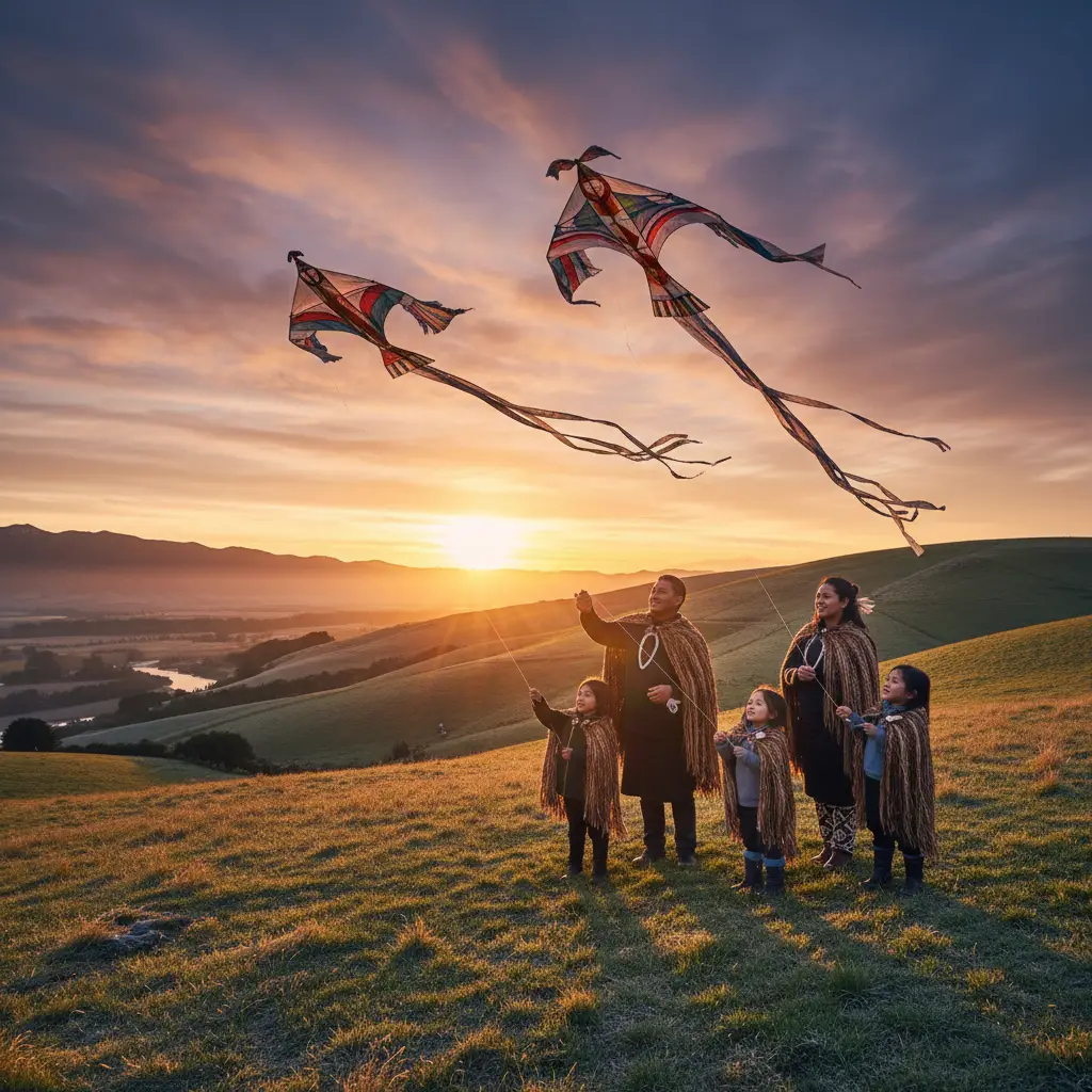 Family flying kites during Matariki
