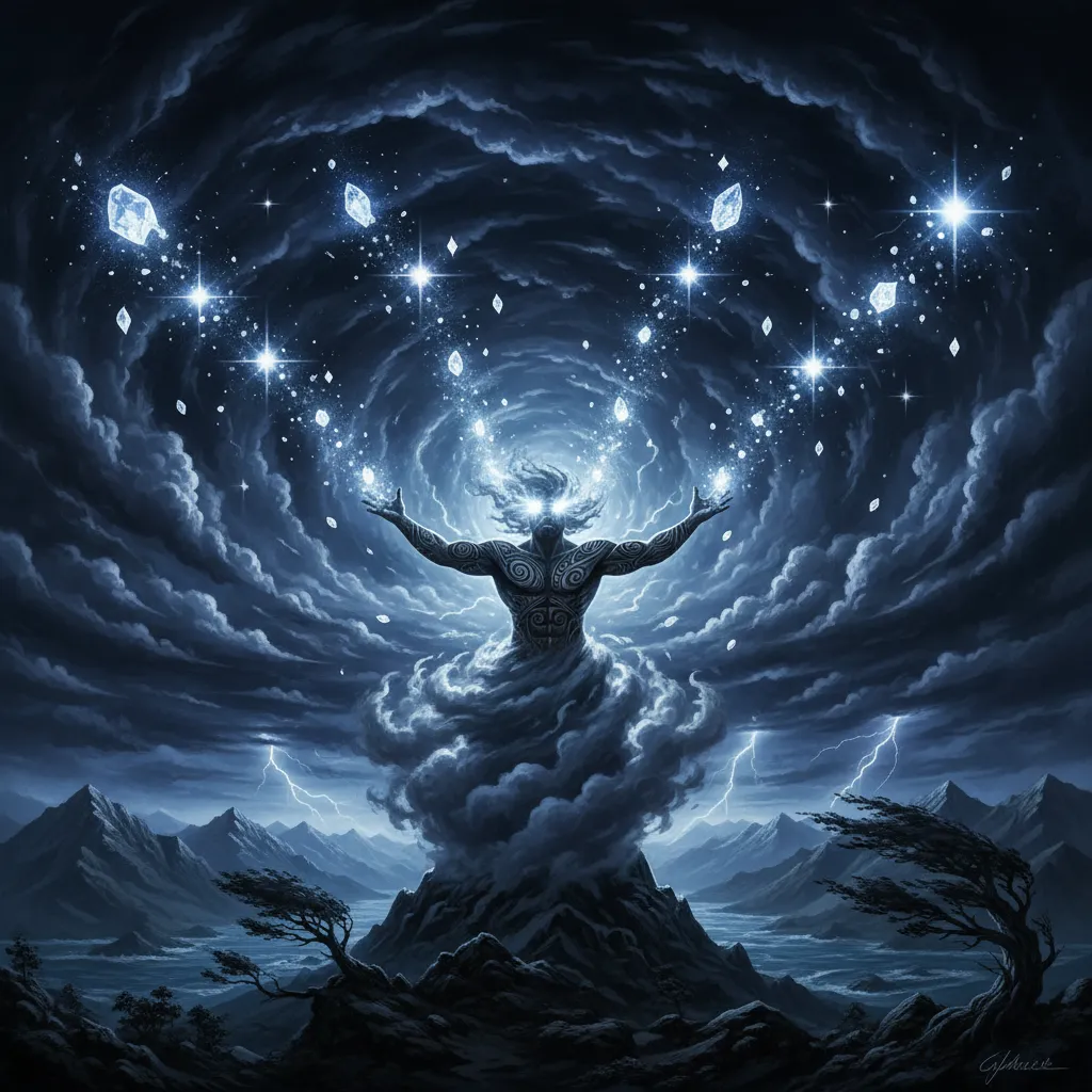 Tāwhirimātea throwing his eyes into the sky