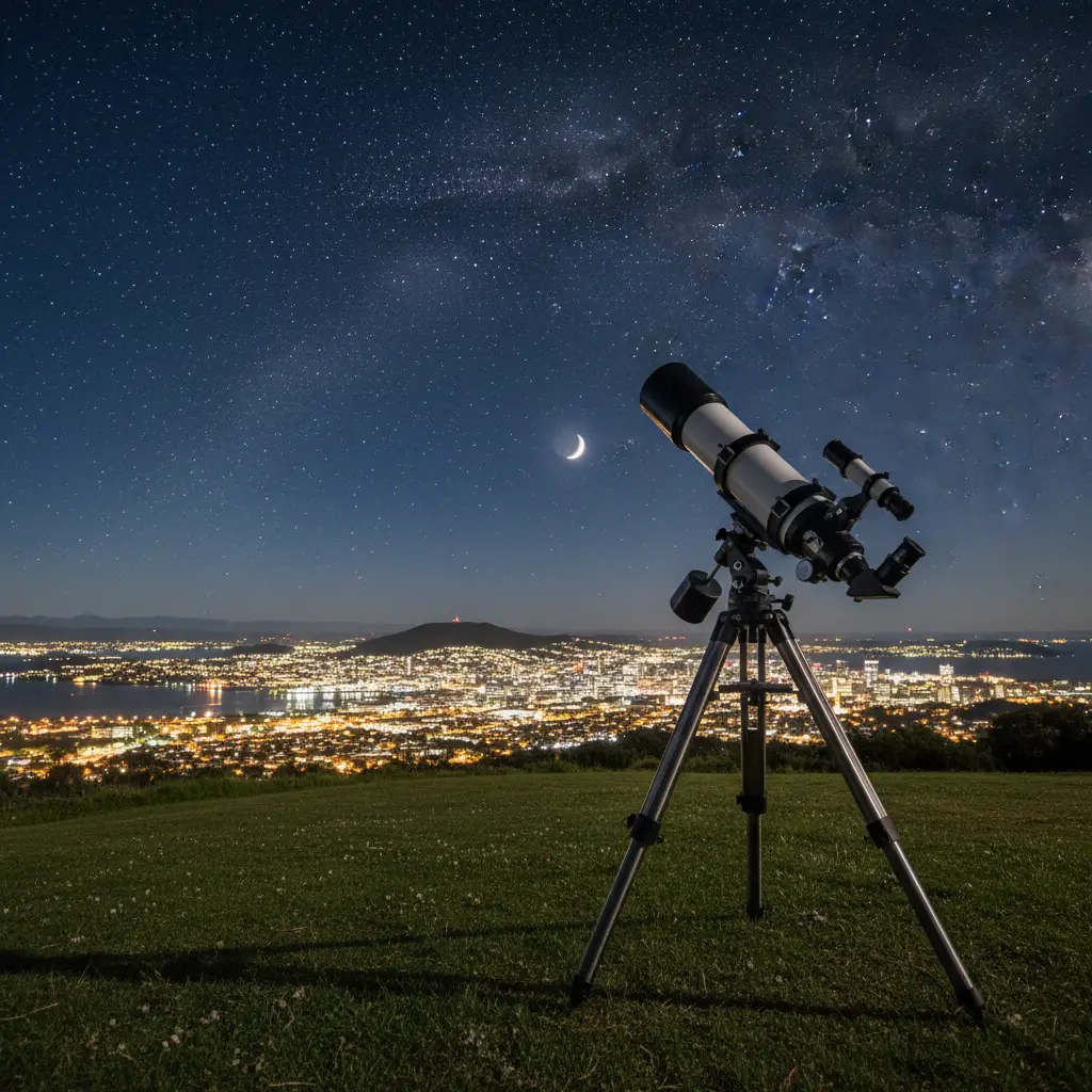 Telescope overlooking Wellington harbour at night