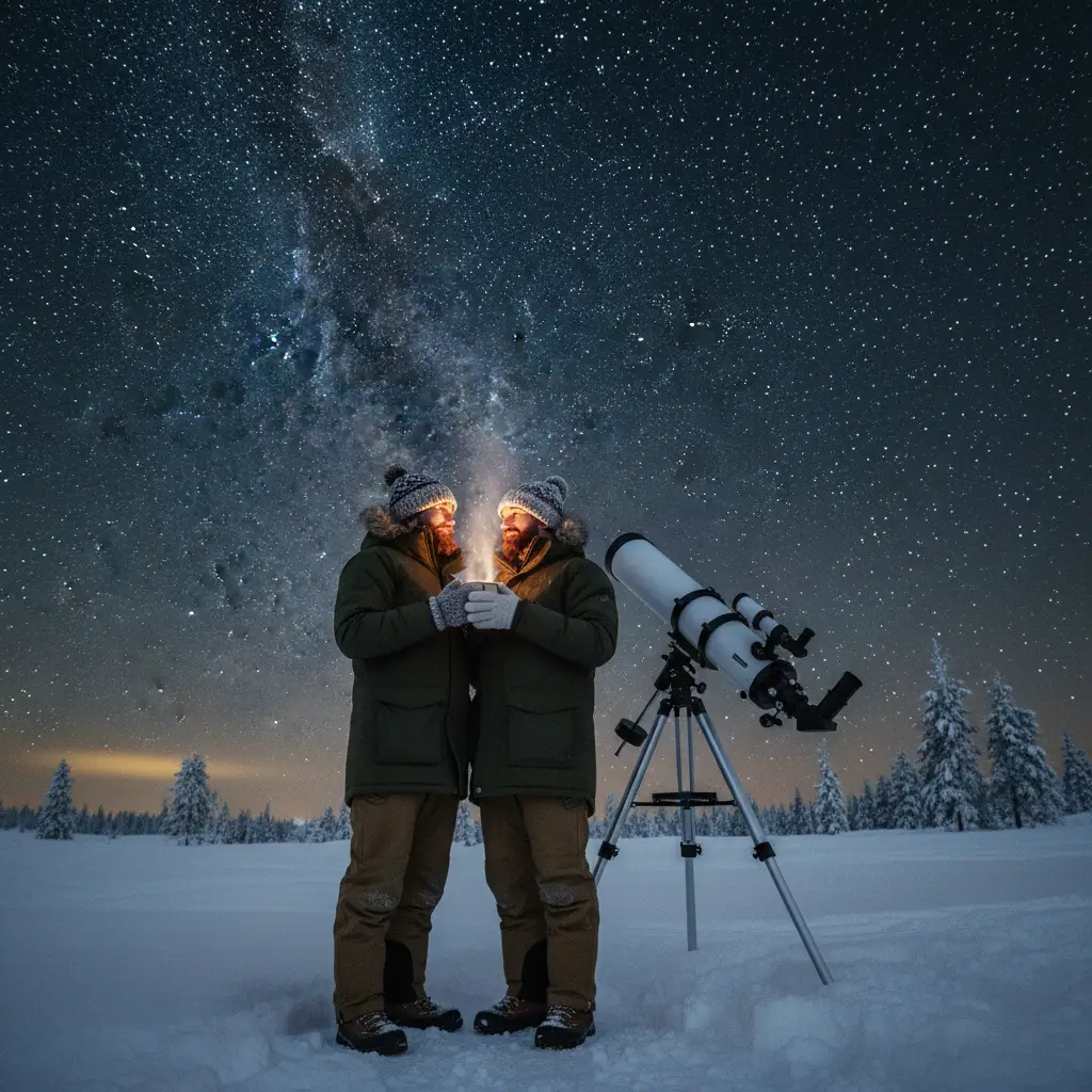 Couple enjoying hot chocolate while stargazing in winter