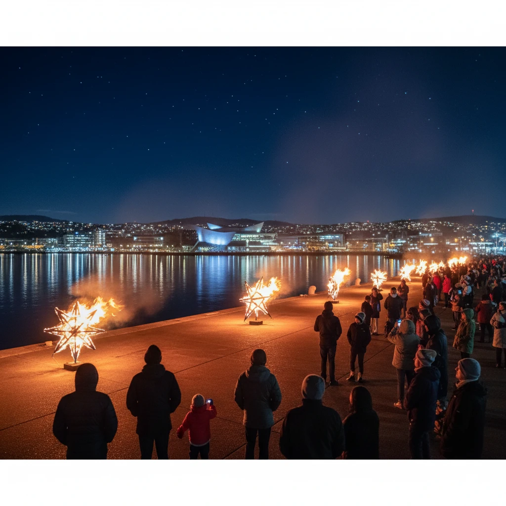 Crowds gathering around fire sculptures at Wellington waterfront Ahi Kā festival