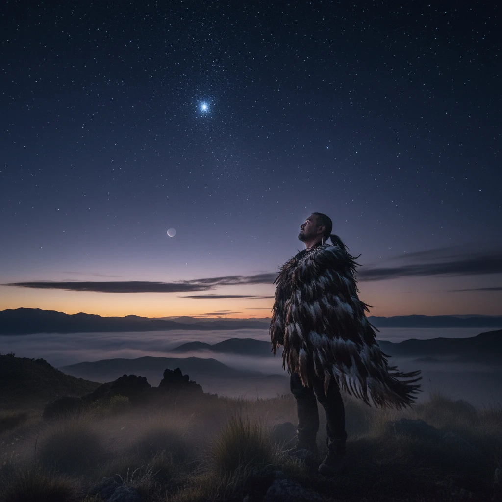 Māori tohunga observing Matariki environmental signs in the night sky
