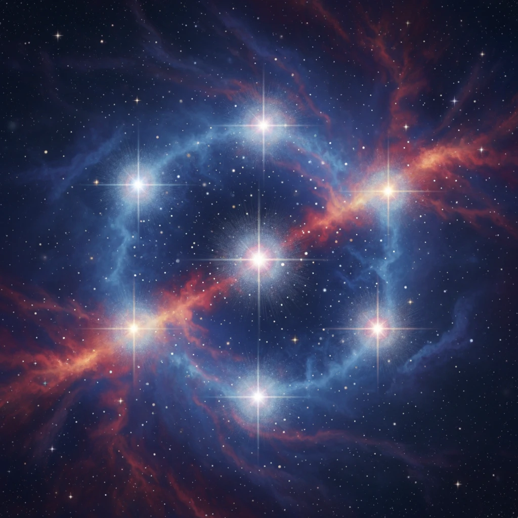 The nine stars of Matariki showing varying levels of brightness