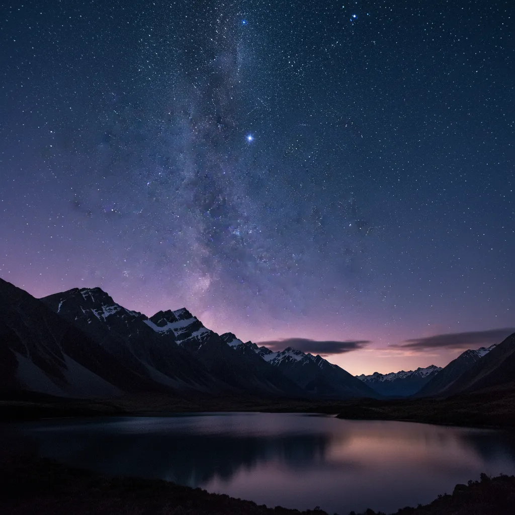 Matariki star cluster rising over New Zealand mountains