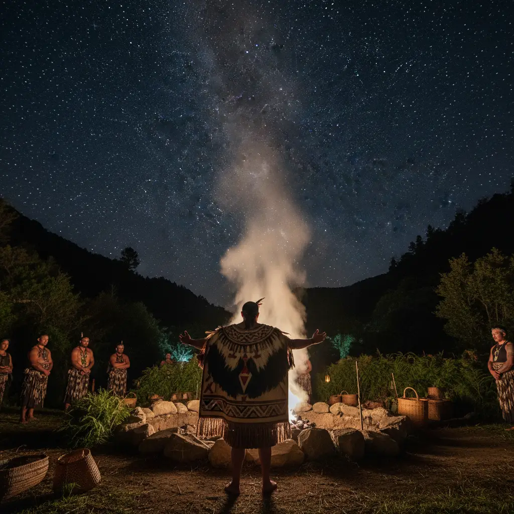 Steam rising from the Hautapu ceremony offering to the stars