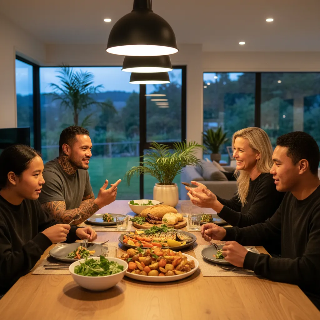 Family sharing a Matariki feast at home