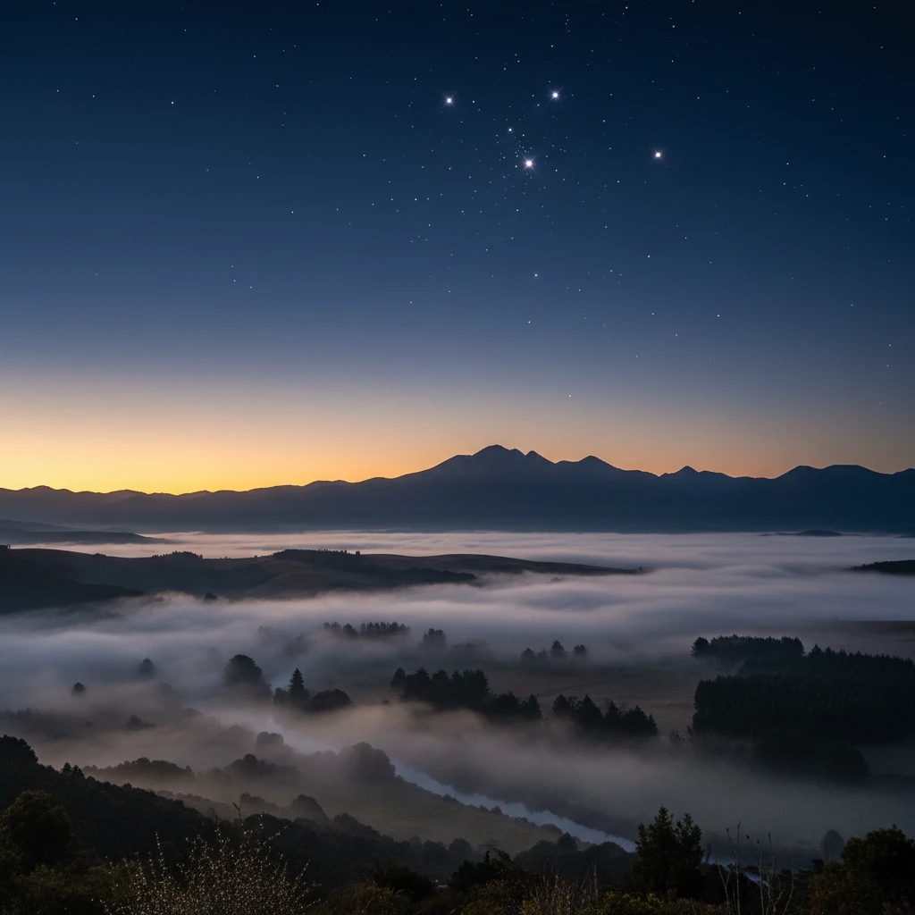 The Matariki star cluster rising in the pre-dawn sky above a misty landscape